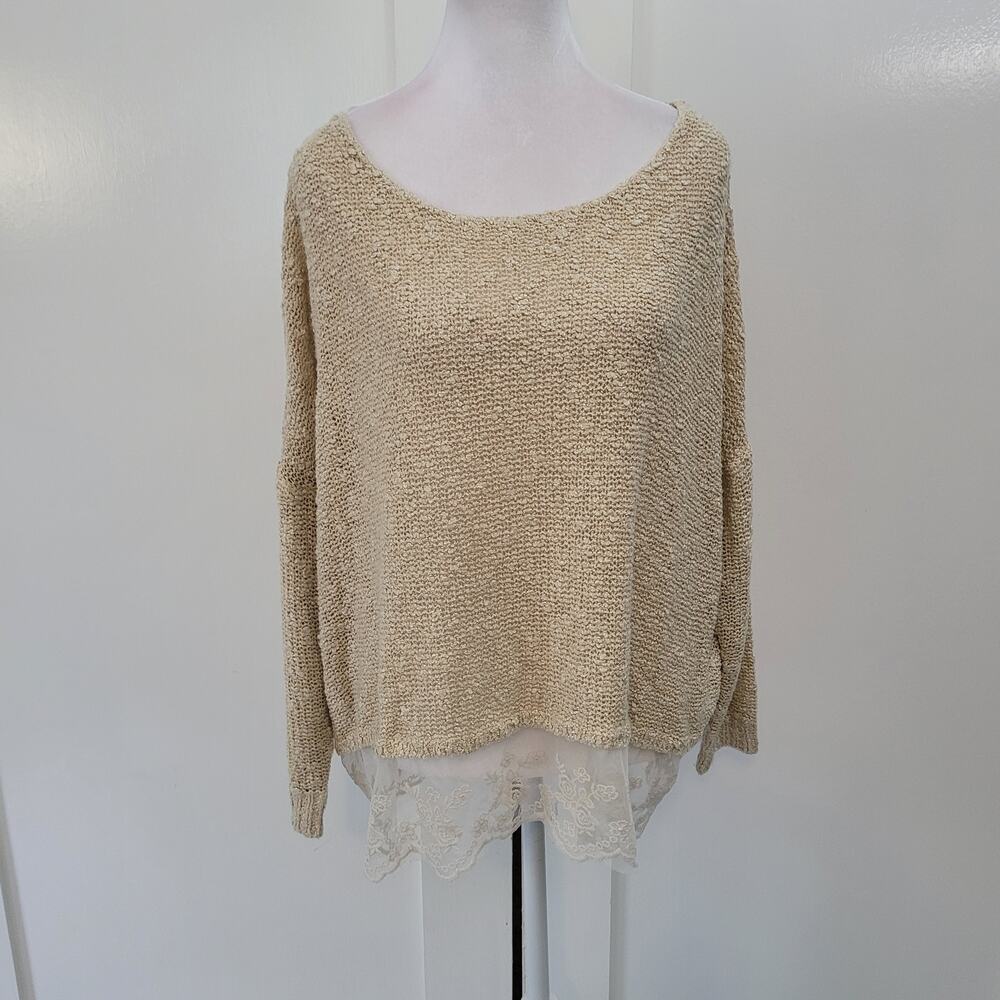 Jean-Pierre Klifa‎ Size XS/S Tan Knit Sweater Lace Hem Cottagecore Chic